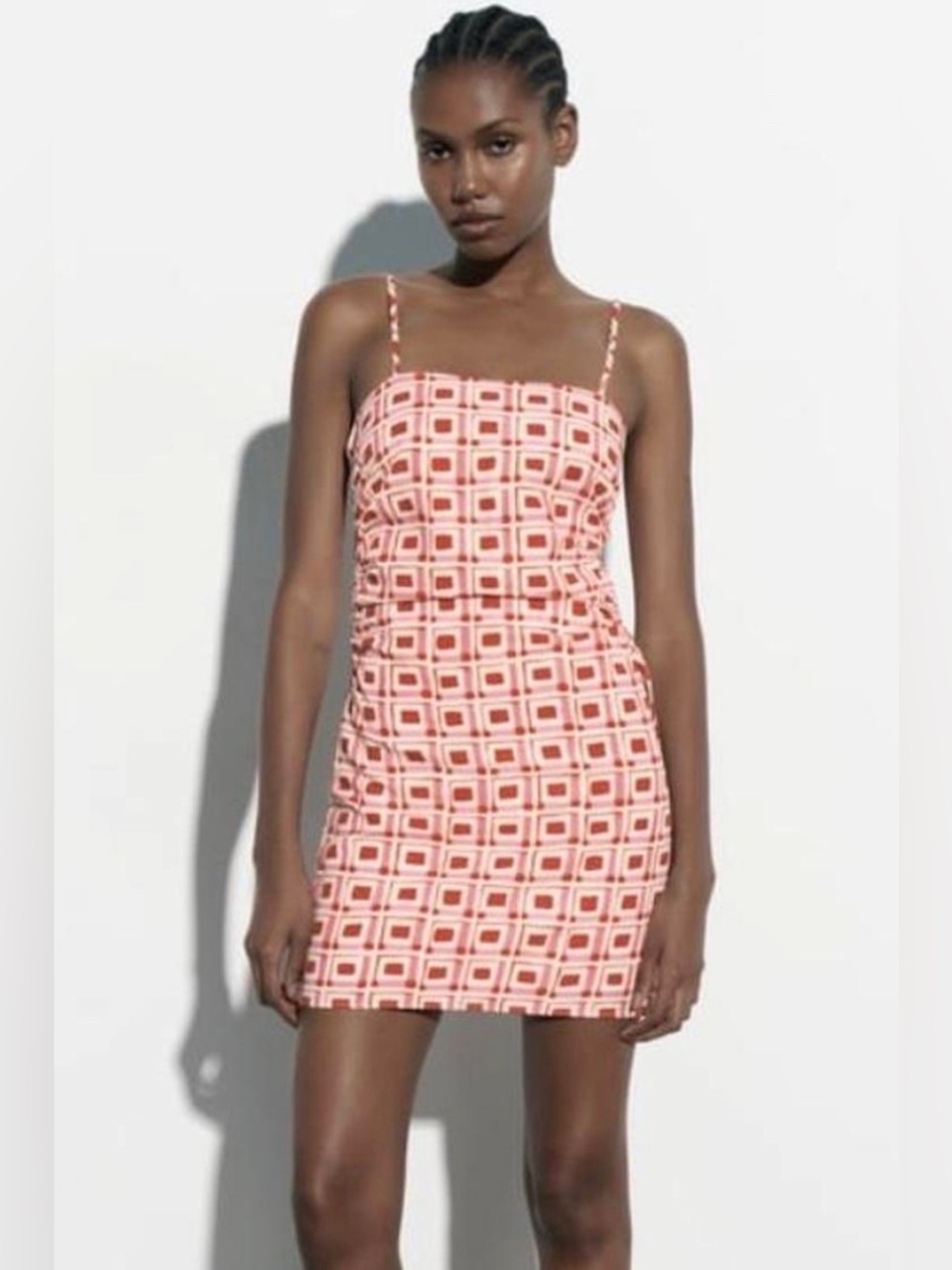 Zara Womens Mini Dress Red White Geometric Cut Out Square Neck M